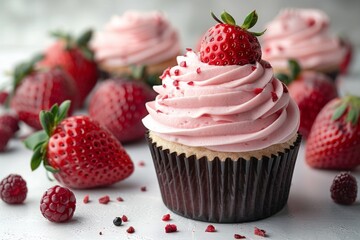 Pink cupcake topped with a strawberry and sprinkles, surrounded by strawberries and raspberries. AI generative. .