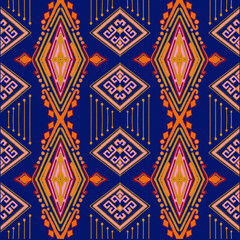 Vibrant Geometric Ikat Pattern with Blue, Orange, and Pink Color Palette.