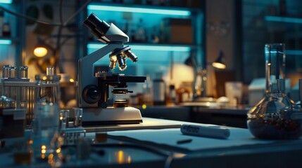 A close-up shot of a microscope in a lab setting. AI generative. .