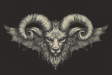 Intricate drawing of a ram's head with large horns and bat-like wings, detailed in grayscale.