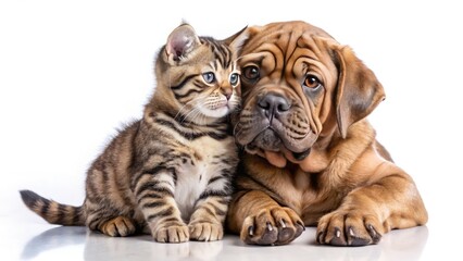 Obraz premium Adorable double exposure: a mastiff puppy's gentle hug envelops a tiny tabby kitten.