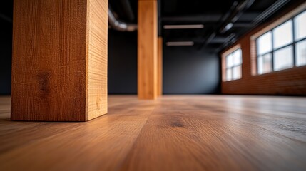Obraz premium Warm-toned wood pillars stand in a modern, industrial-style interior with hardwood floors and large windows. The space feels spacious and inviting.