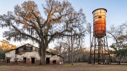 Rustic Abandoned Farmhouse with Water Tower and Spanish Moss Trees