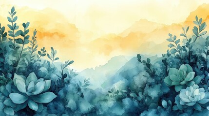 Fototapeta premium Watercolor painting of teal succulents against a hazy yellow mountain landscape.