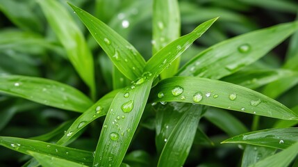 Close Up of Lush Green Plant Leaves Glistening with Fresh Water Droplets in a Sunlit Garden Highlighting Vibrant Nature and Fertile Rich Soil