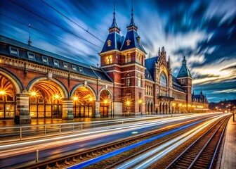 Obraz premium Long Exposure of Majestic Railway Station at Night, Architectural Details Illuminated