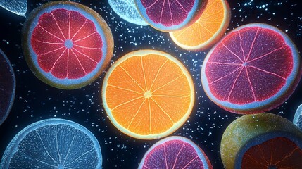Glowing citrus fruit slices floating on dark background.