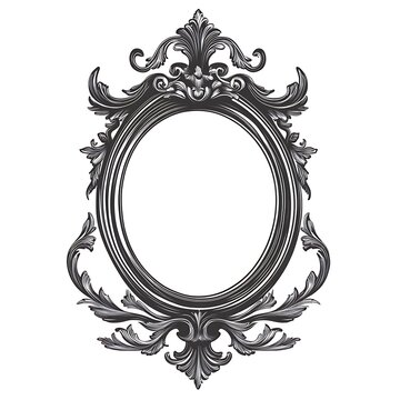 recommend clip art: Elegant oval frame with ornate, silver-grey rococo details.