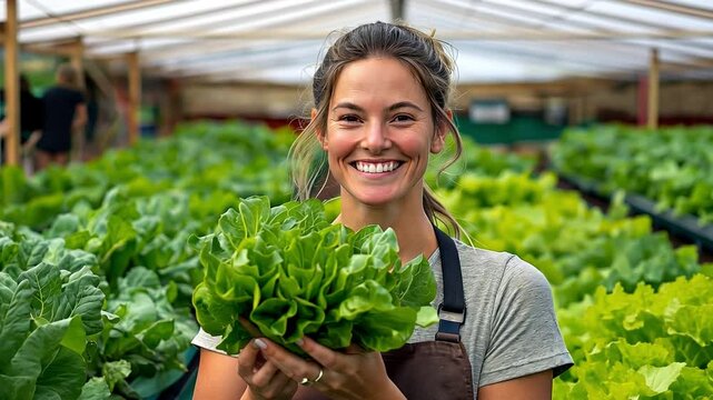 With rows of colourful plants in the backdrop, a farmer is seen clutching newly picked green lettuce in a hydroponic greenhouse.