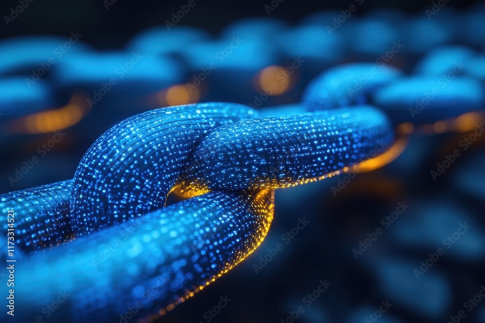 Poster blue glowing chains representing digital connectivity and blockchain technology in an abstract setti