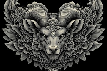 Intricate grayscale artwork of a ram's head framed by ornate floral elements, forming a heart shape against a black background.