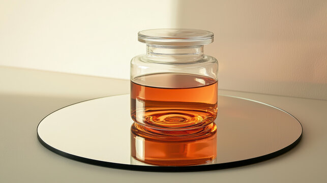 glass jar filled with amber liquid sits on reflective surface, creating serene atmosphere - Powered by Adobe