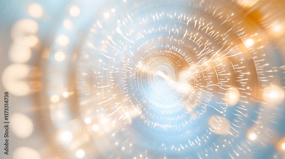 Poster Abstract swirling light tunnel with bokeh and glowing particles.