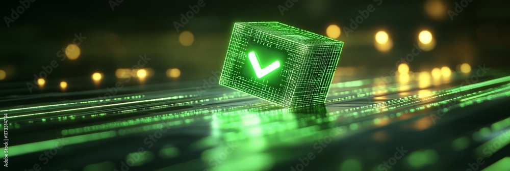 Poster Glowing green cube with checkmark on digital surface.