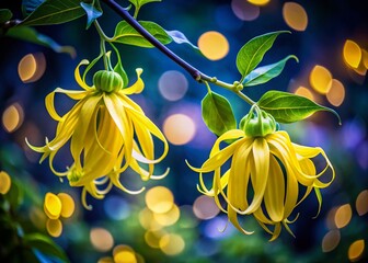 Fototapeta premium Long Exposure Photography of Yellow Ylang Ylang Flowers, Blooming Tropical Night, Exotic Floral Night Bloom