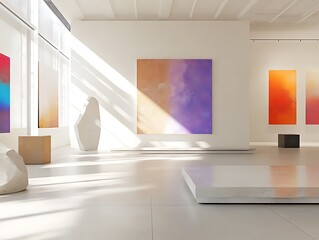 Minimalist Art Gallery with Abstract Paintings Displayed in a Modern Exhibition Setting Featuring a Visitor Admiring a Vibrant Artwork