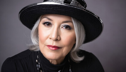 Elegant older woman wearing a stylish black hat and necklace poses confidently against a neutral background