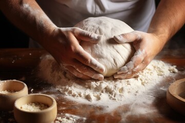 Fototapeta premium Closeup of baker kneading dough on wooden table. Traditional baking process. Culinary and cooking concept. Homemade pastry, bread, bakery. 