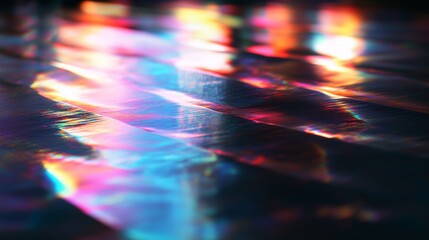 A reflection of a colorful light on a dark surface