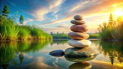 Obraz premium Soothing nature scene with Zen balanced stones stack, nature, earthy, nature, earthy, peaceful,calm, equilibrium, serenity