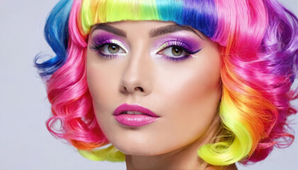 Fototapeta premium Vibrant rainbow hairstyle showcased by model with colorful makeup and expressive eyes