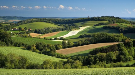 Fototapeta premium Panoramic View of Lush Rolling Hills and Fields