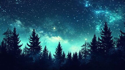 Fototapeta premium Night sky over a dark forest, stars and nebulae visible.