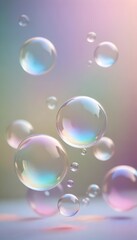 Naklejka premium Colorful translucent soap bubbles floating in pastel background with soft lighting. Pink, blue, green, and purple reflections