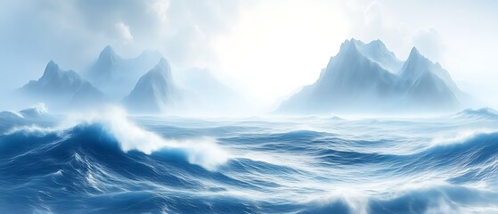 Misty mountains and stormy ocean.