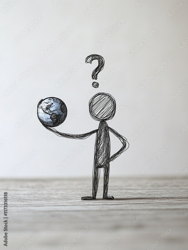 Aufkleber sketch of a stick figure holding the earth with a question mark above its head