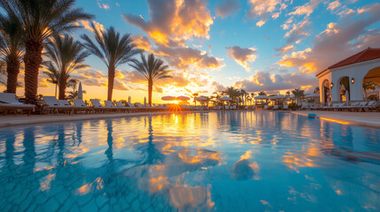 The resort's large outdoor swimming pool is sparkling, surrounded by many parasols and chairs. In the morning and evening, majestic coconut trees stand