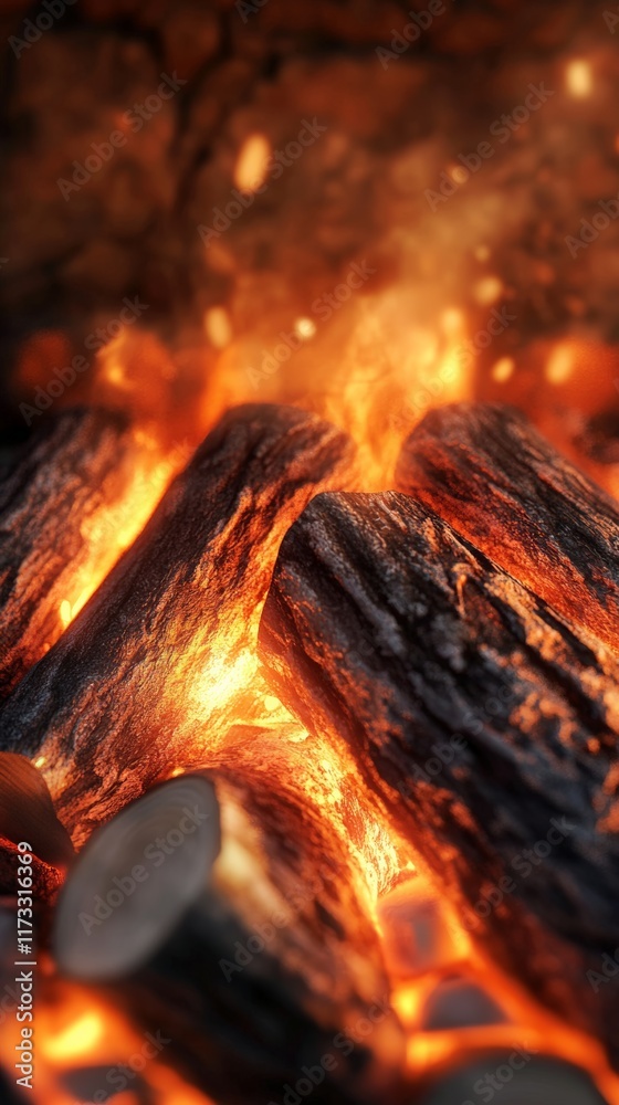 Aufkleber close up view of burning logs in a fireplace, radiating warmth and creating a cozy atmosphere, ideal