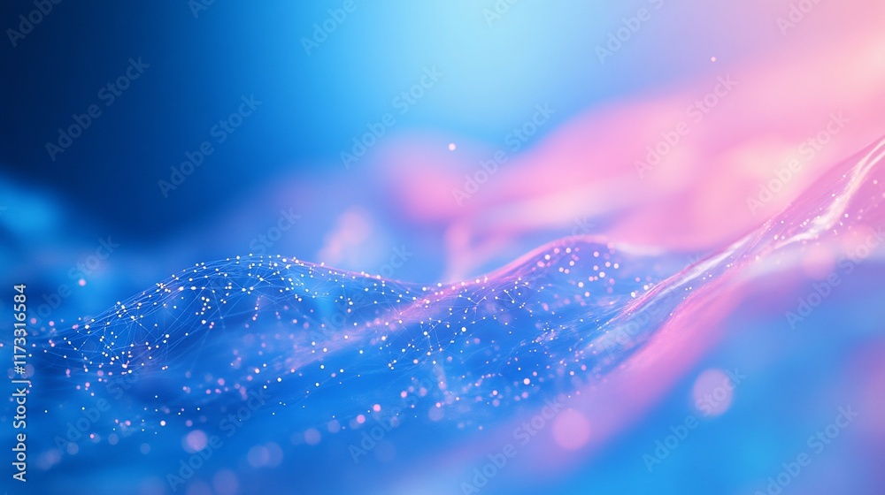 Poster Abstract pink and blue wave background with glowing particles.
