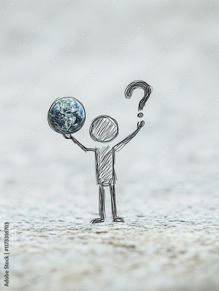 Poster stick figure holding earth with question mark on textured background