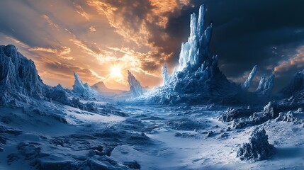 Icy landscape with an erupting ice volcano, featuring dramatic ice formations and a cold, desolate environment
