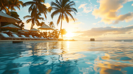 The resort's large outdoor swimming pool is sparkling, surrounded by many parasols and chairs. In the morning and evening, majestic coconut trees stand
