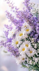 Beautiful bouquet of purple and white flowers creating a serene atmosphere indoors