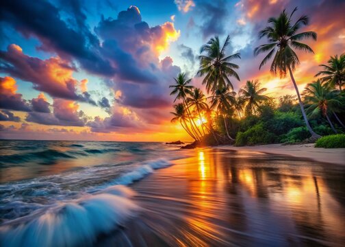 Long Exposure Tropical Beach Sunset, Summer Vacation Paradise