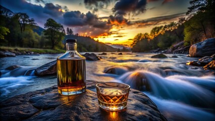 Long Exposure: Whiskey Bottle & Glass on River Rock