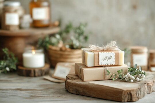 A small business packaging handmade soap bars in kraft paper boxes, with stamps and labels adding a personal touch