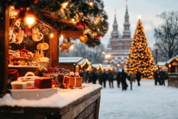 A snowy evening in Red Square, with holiday lights, a Christmas tree, and people enjoying the festive atmosphere