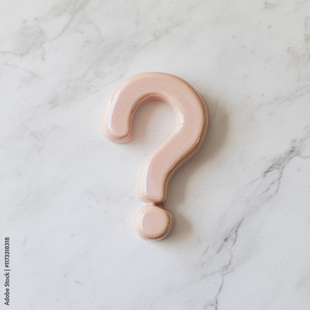 Poster glossy pink large question mark on a smooth marble surface