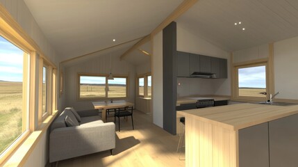 Fototapeta premium Modern open-plan tiny house interior design.