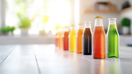 Colorful Array of Craft Soda Bottles Displayed on Sunlit Kitchen Counter Capturing a Refreshing and Cheerful Atmosphere of Beverage Variety