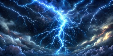 Fototapeta premium Spectacular blue lightning strike in dark clouds