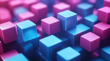 Obraz premium Abstract pink blue cubes, 3D digital art, technology background, website design.