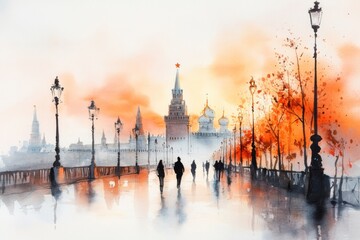 Obraz premium A soft watercolor painting of the Kremlin at sunset, with warm hues and delicate brushstrokes capturing its grandeur