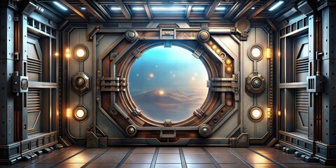 Obraz premium Elaborate steampunk window with circular glass design