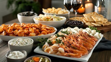 Obraz premium Tablescape featuring platters of fresh seafood and flatbread