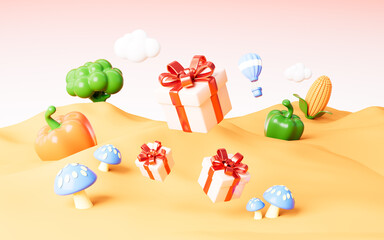 Obraz premium Cartoon gifts with various vegetable outdoor background, 3d rendering.